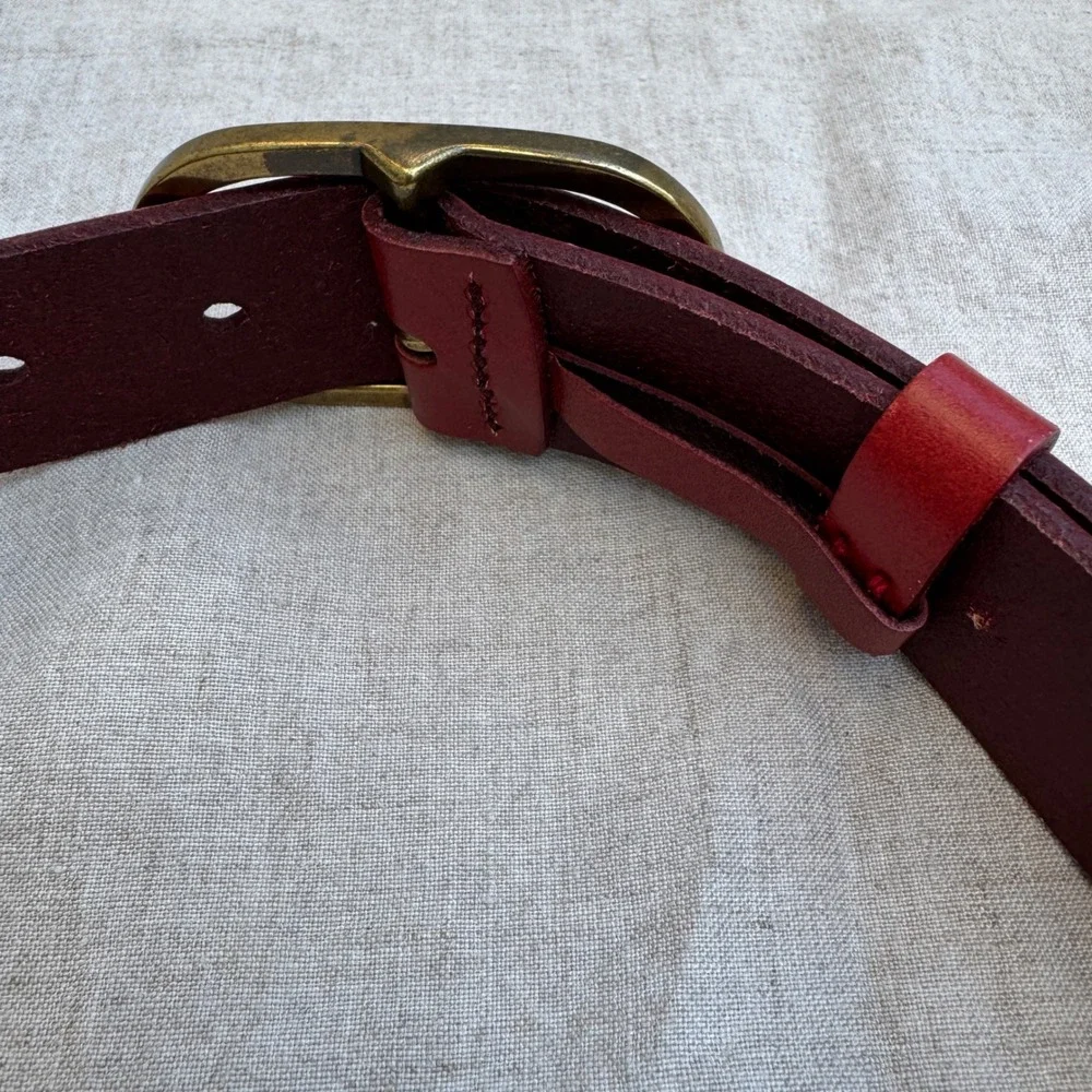 Anthropologie Belt small Red Leather Antique Brass Oval Buckle Boho Minimalist